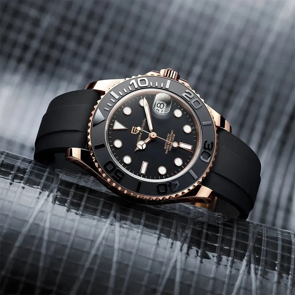 Luxury watch with black strap and rose gold case on a textured surface