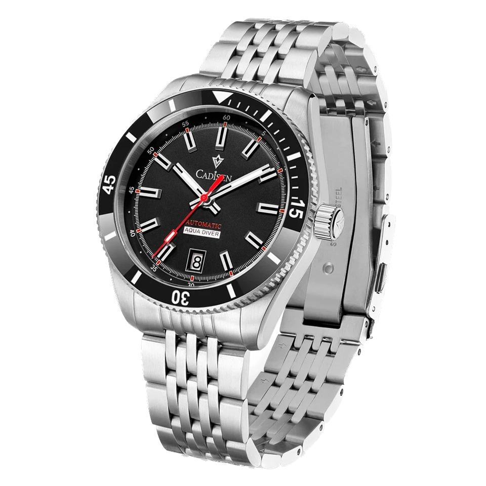 Silver wristwatch with black dial on a white background