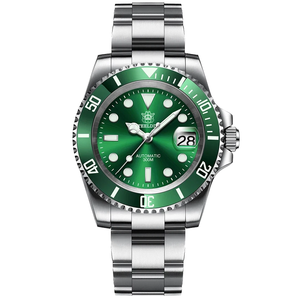 Green watch with silver case and bracelet on a white background