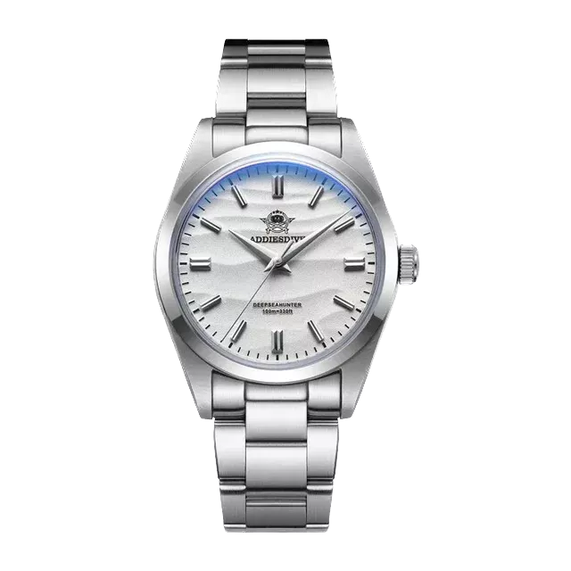 Silver watch with a white face on a white background