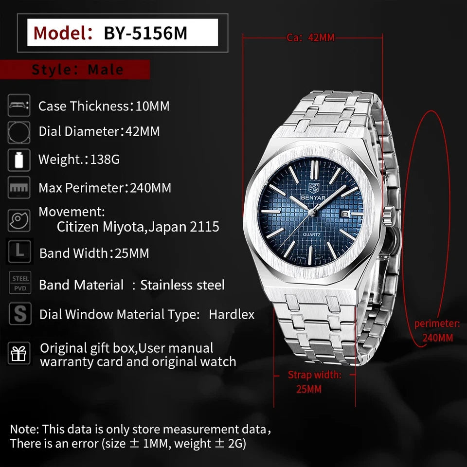 Silver watch with detailed specifications on a black background