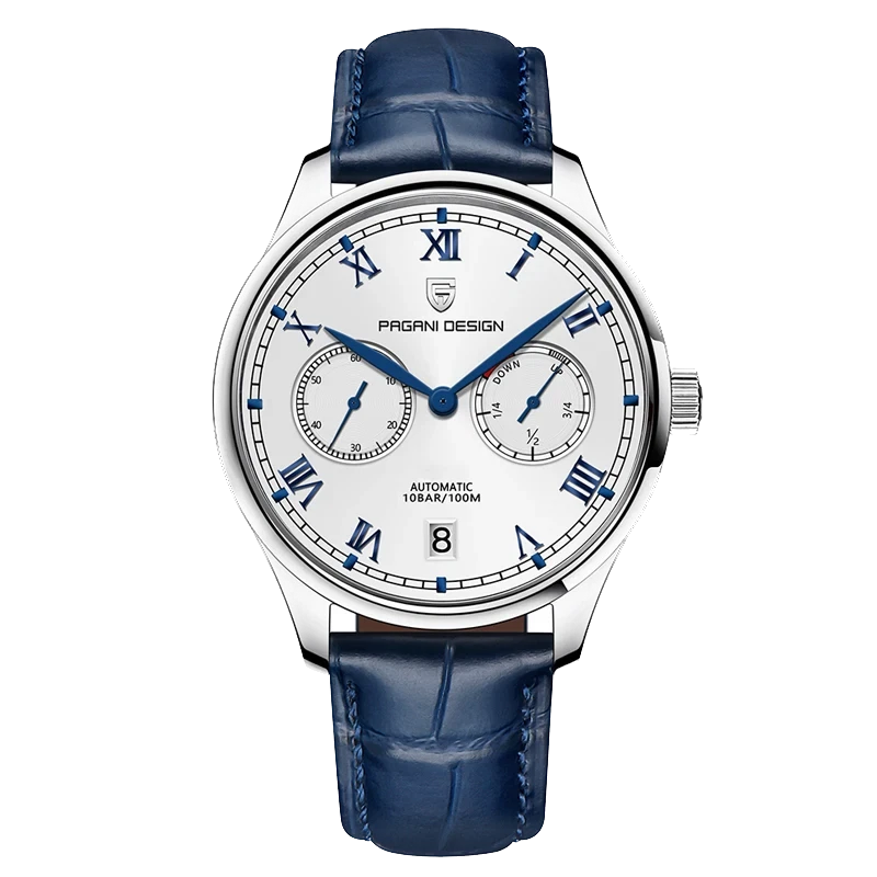 Pagani Design watch with blue leather strap on a white background
