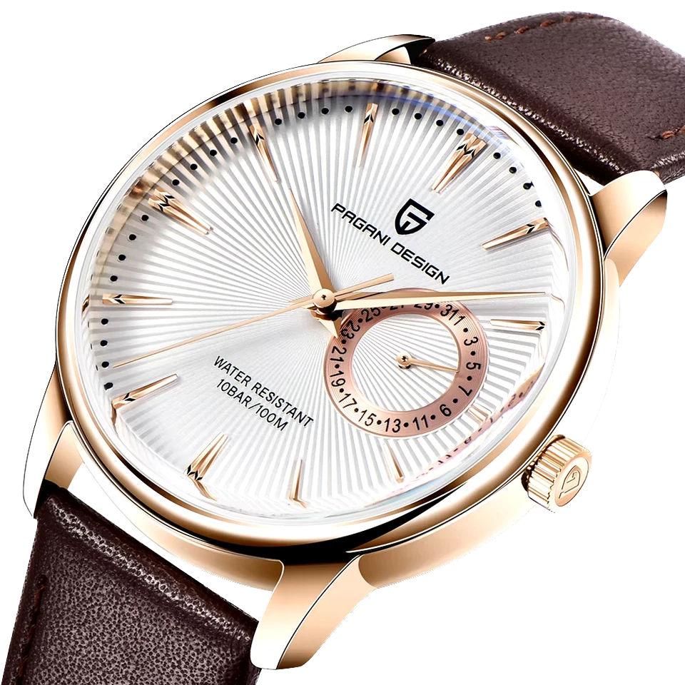 Watch with brown leather strap and rose gold casing on white background