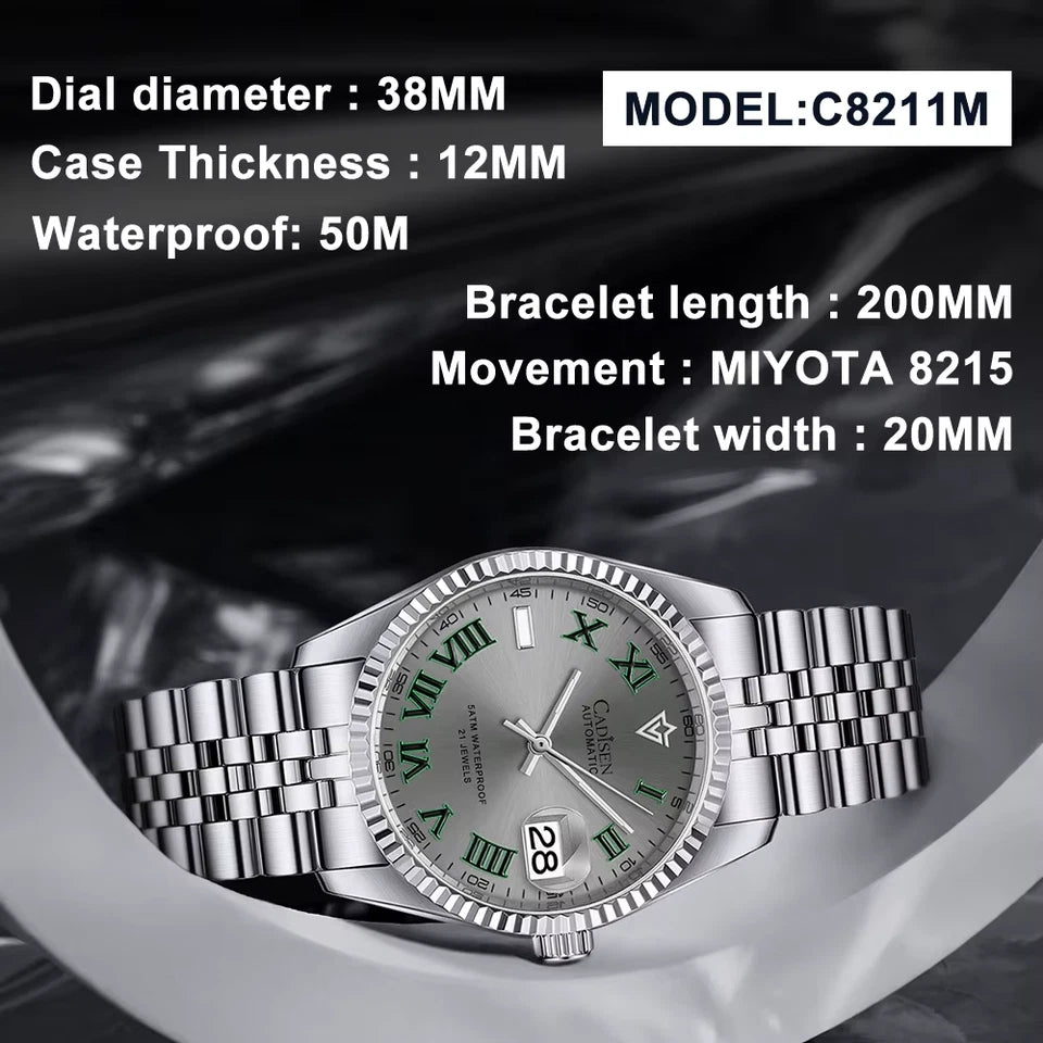 Silver watch with detailed specifications on a blurred background
