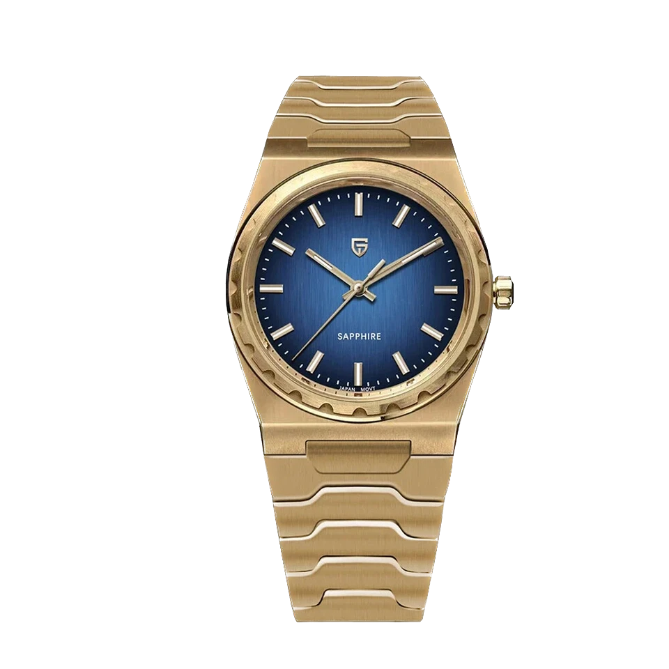 Gold watch with a blue dial on a white background
