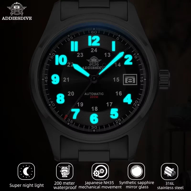 Black wristwatch with blue glowing digits on a dark background, featuring ADDIESDIVE branding.