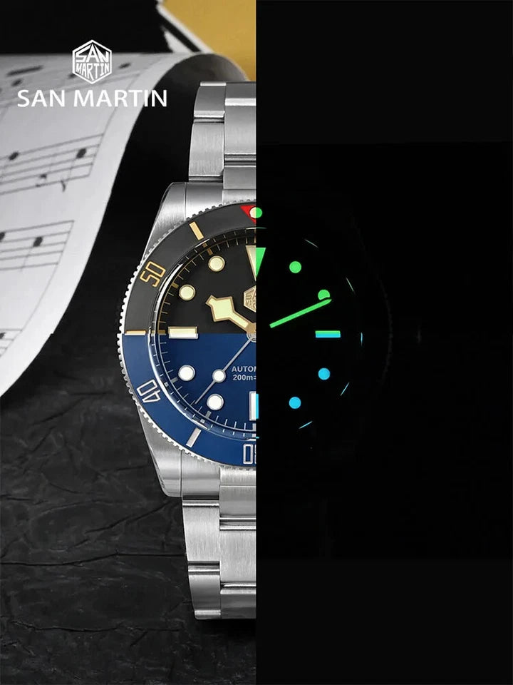 Silver watch with a detailed face on a dark background, featuring the brand 'San Martin'.