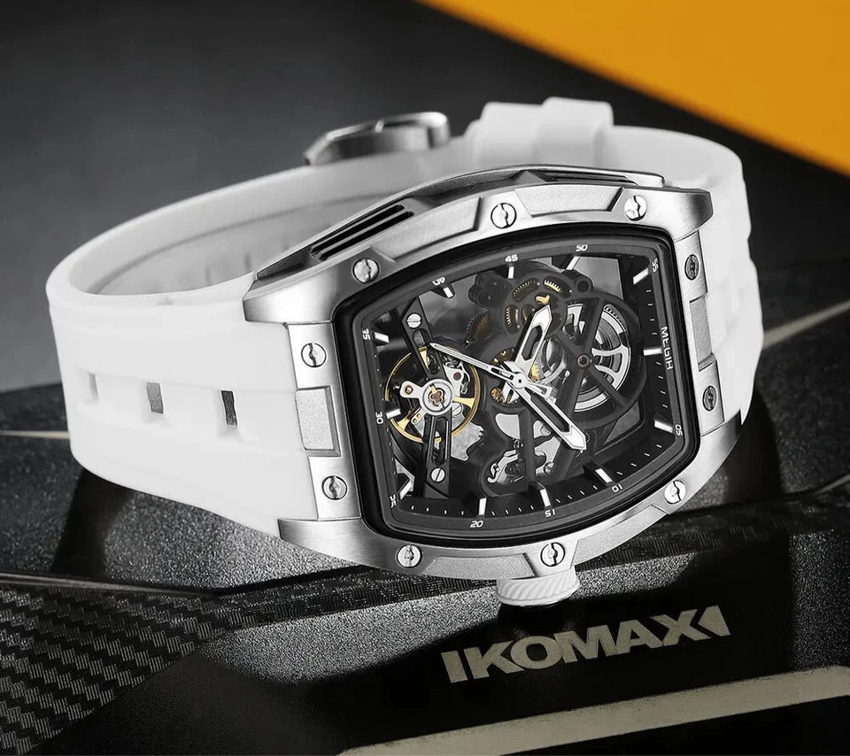White Megir chronograph watch with a black face on a dark background
