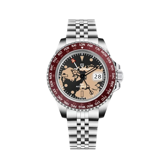 Watch with a detailed face and silver bracelet on a white background