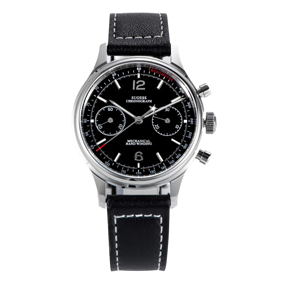 Watch with black leather strap and black dial on a white background