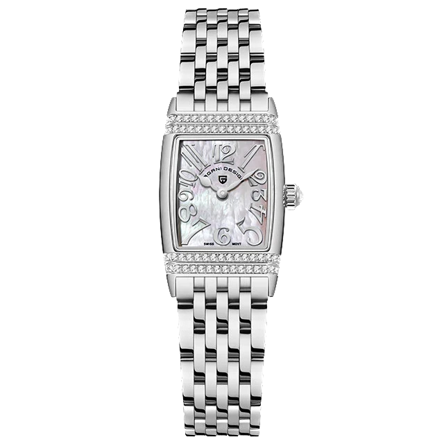 Silver watch with a detailed face on a white background