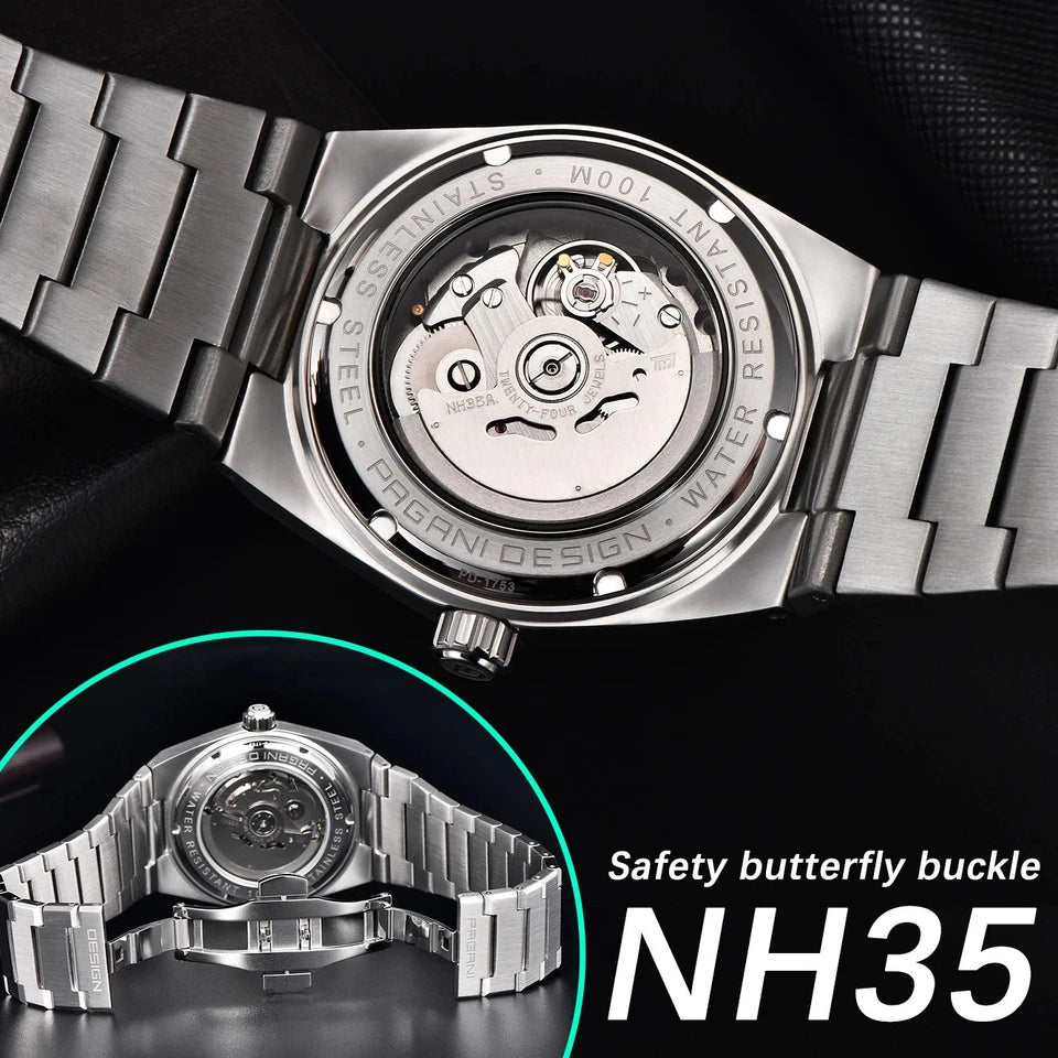 Close-up of a silver watch with visible mechanism and 'Safety butterfly buckle NH35' text.