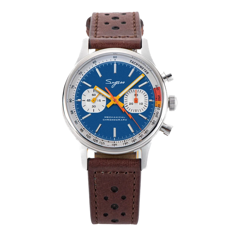 Watch with a blue face and brown leather strap on a white background
