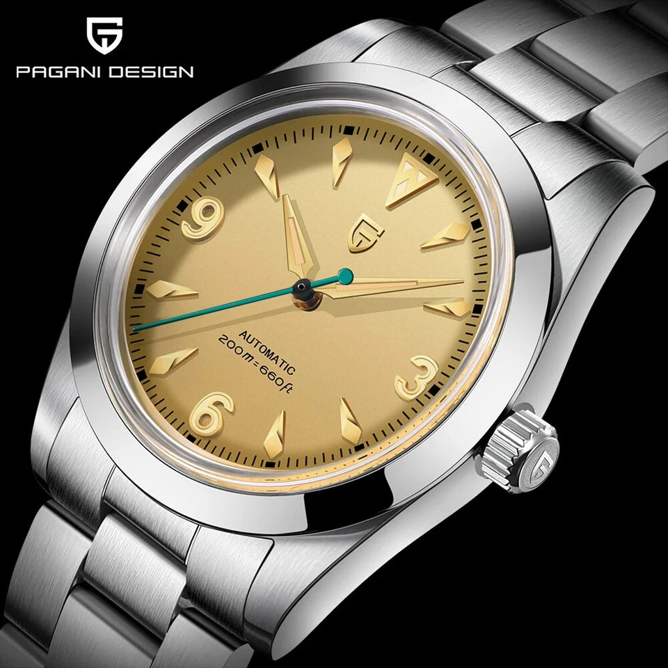 Silver Pagani Design watch with gold face on a black background