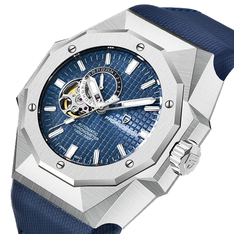 Luxury watch with blue face and silver case on a white background
