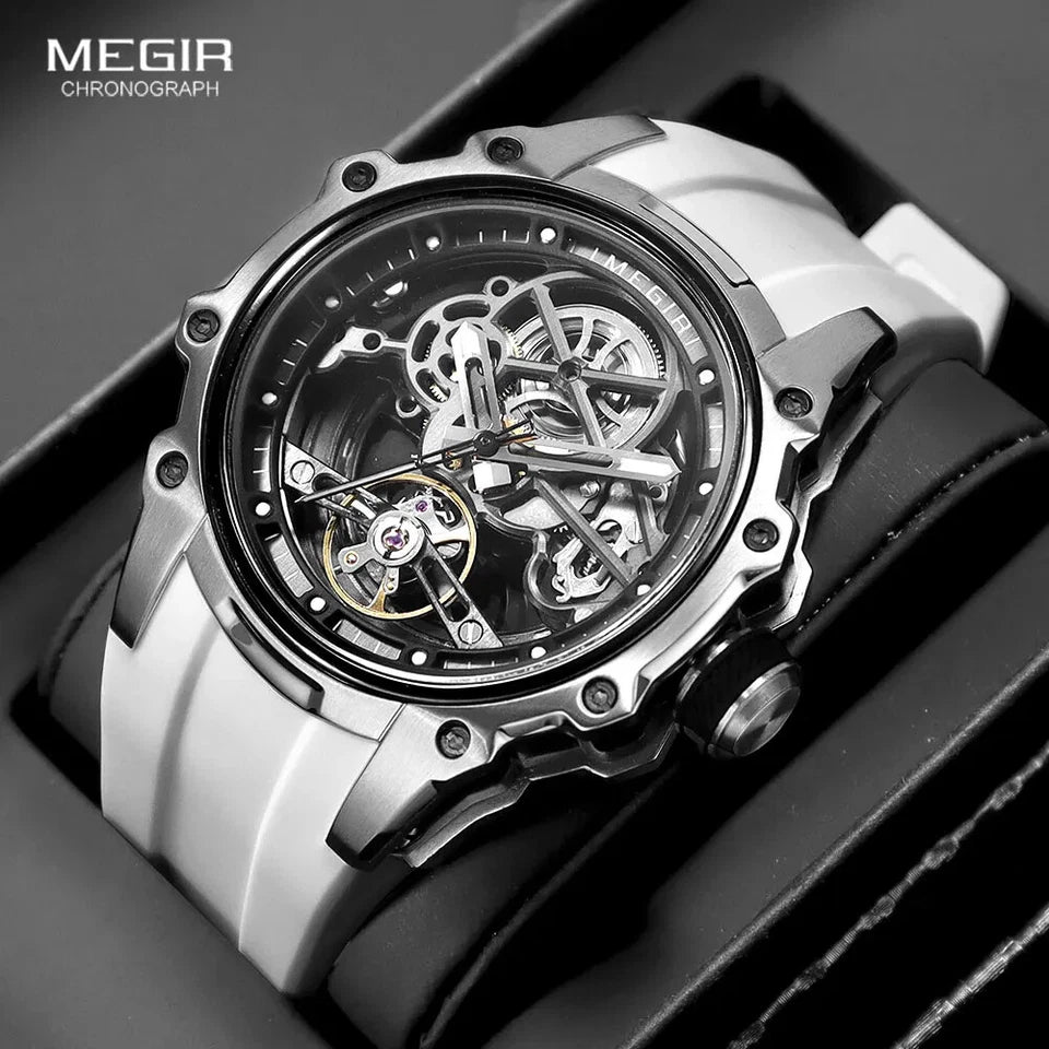 Silver Megir chronograph watch with a black strap on a dark background