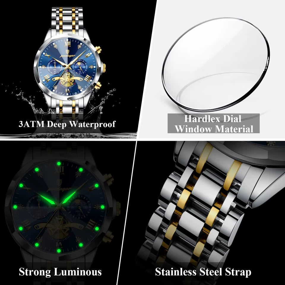 Collage of a watch with features highlighted, including waterproof, hardlex dial, strong luminous, and stainless steel strap.