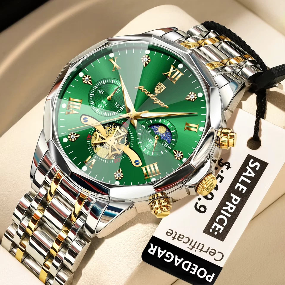 Luxury watch with green face and gold accents on a beige surface with a POEGAAR tag.