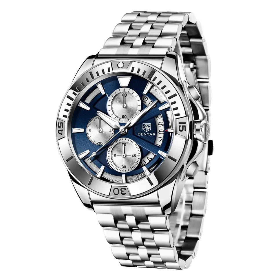 Silver wristwatch with blue face on a white background
