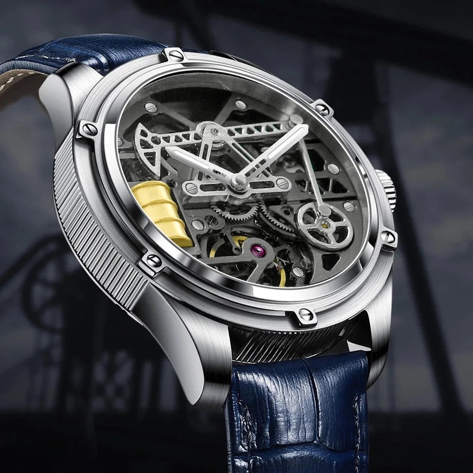 Luxury watch with blue leather strap and visible mechanical components on a dark background