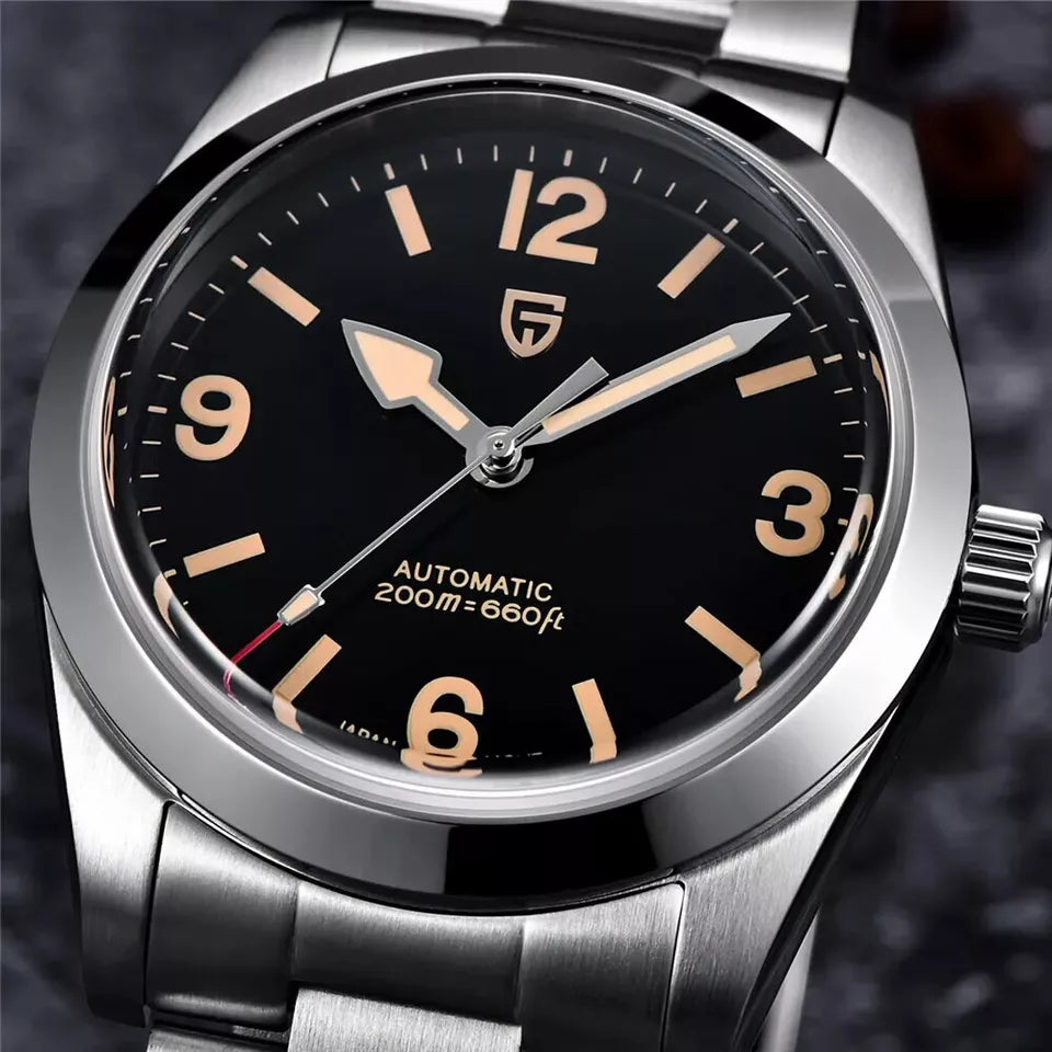 Silver wristwatch with black dial and brand logo on a dark background