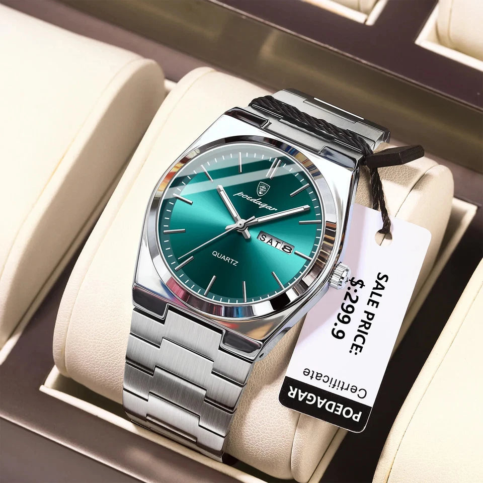 Luxury watch with green face and silver strap in a box, featuring a sale tag.