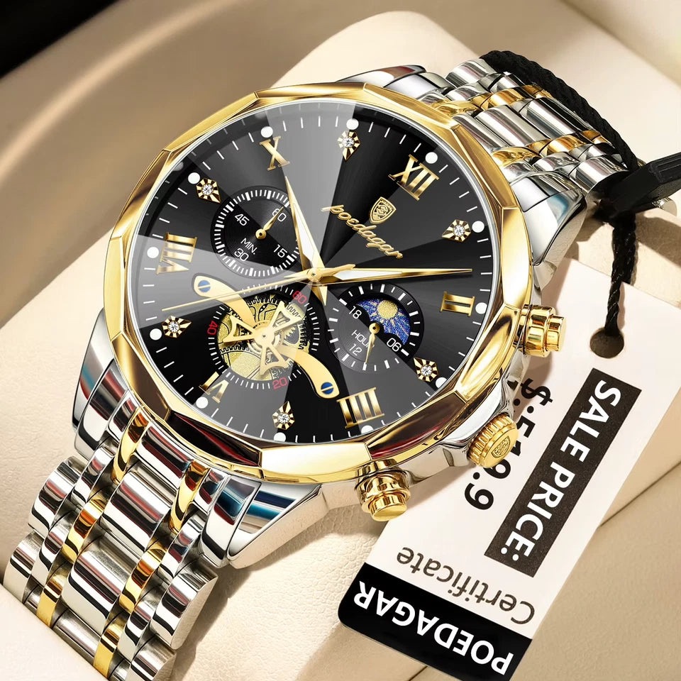 Luxury watch with gold and silver band on a beige surface with a price tag.
