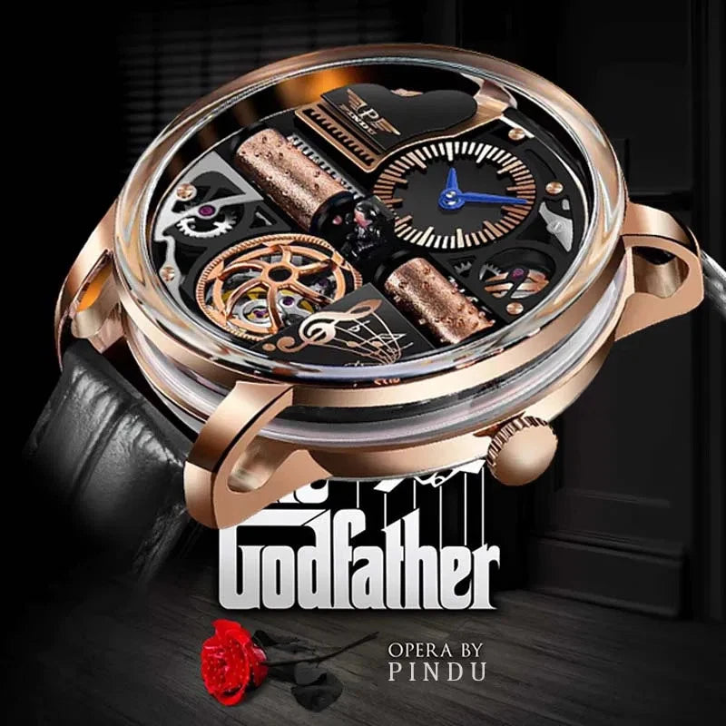 Luxury watch with intricate design and 'Godfather' branding on a dark background