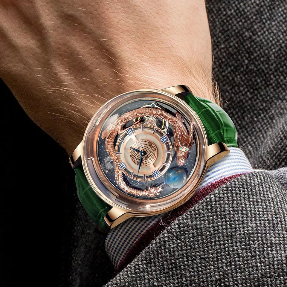 Luxury watch with green strap worn on a wrist, close-up view.