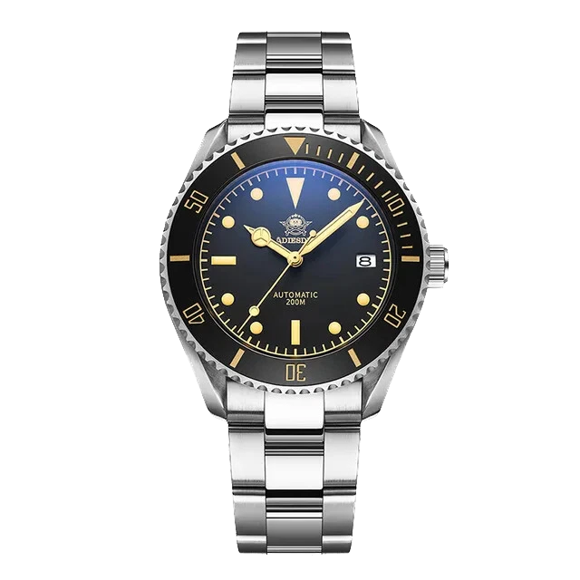 Silver watch with black dial and gold accents on a white background