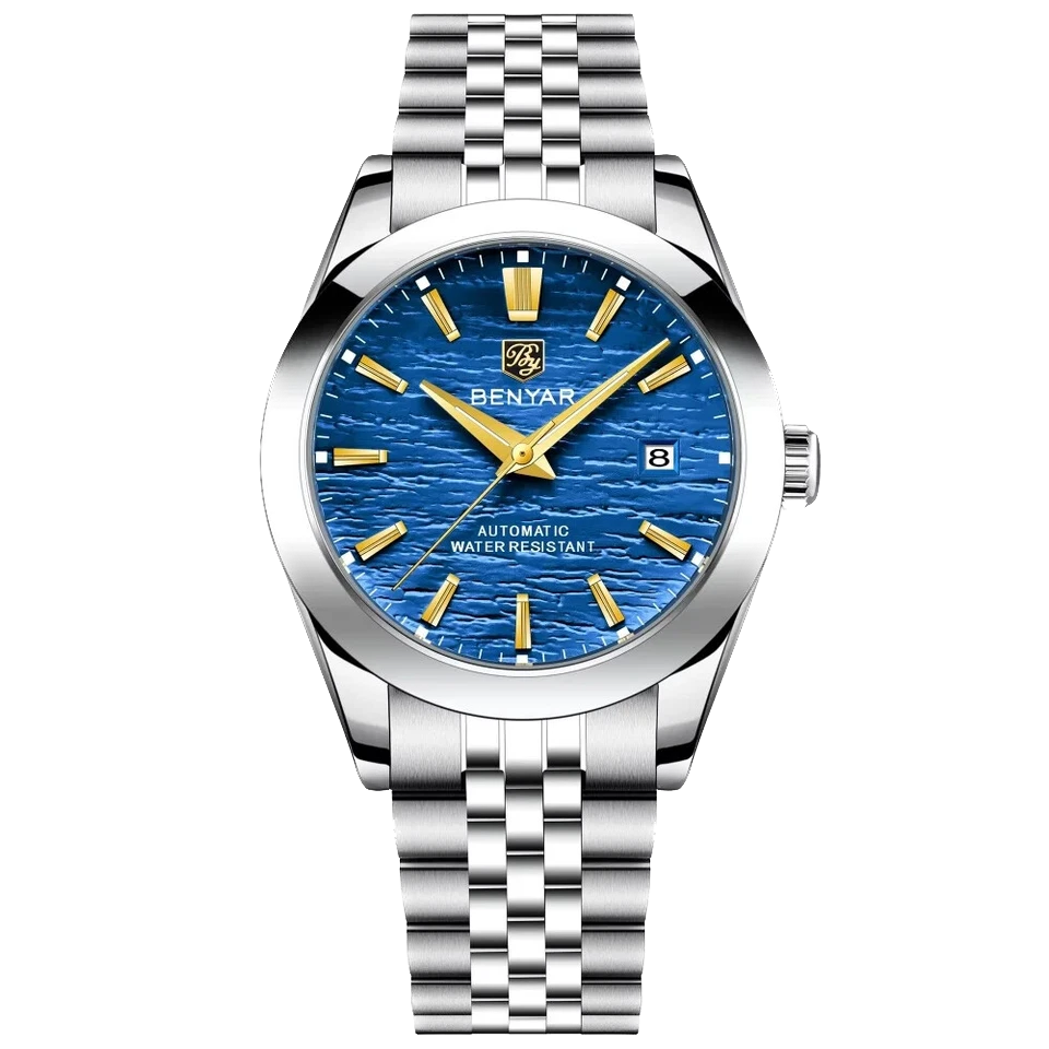 Silver watch with blue dial and gold accents on a white background