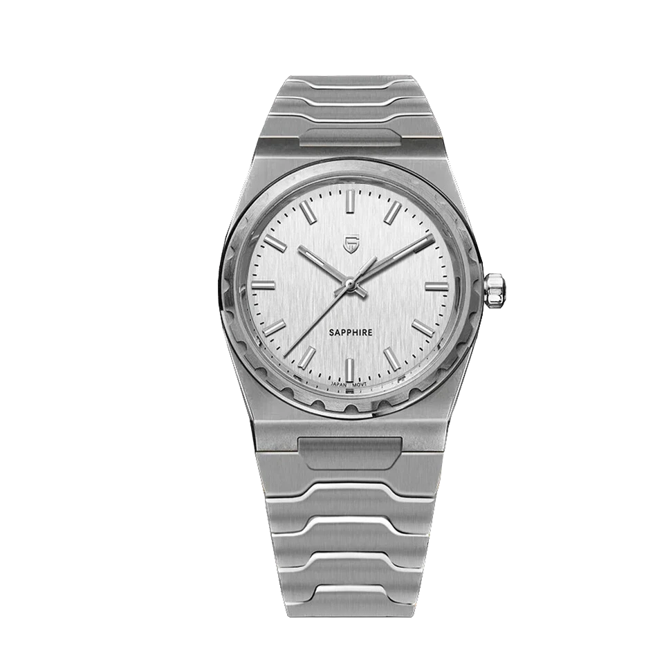 Silver watch with a white face on a white background