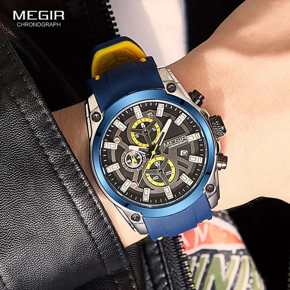 Blue Megir chronograph watch on a person's wrist with a blurred background
