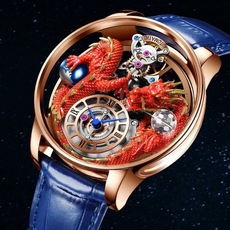 Luxury watch with dragon design and blue strap on a dark background