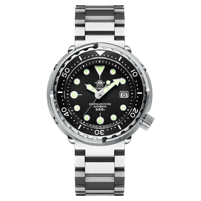 Silver watch with black dial on a white background