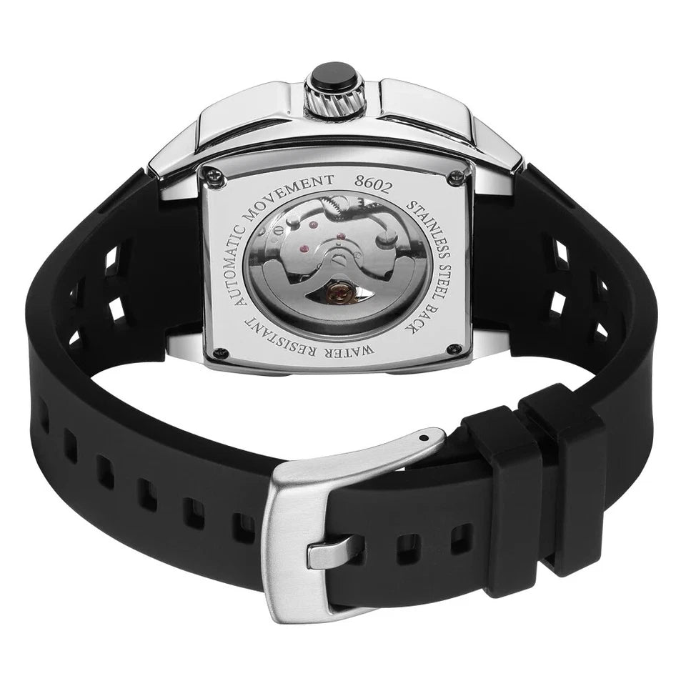 Watch with black strap and silver case on a white background