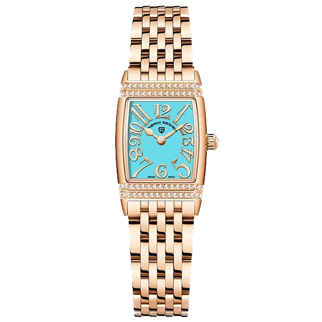 Luxury watch with rose gold strap and turquoise face on a white background