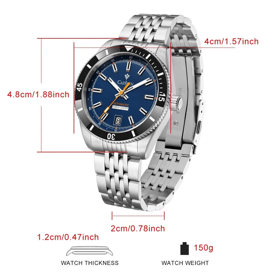 Silver watch with blue dial and measurements on a white background