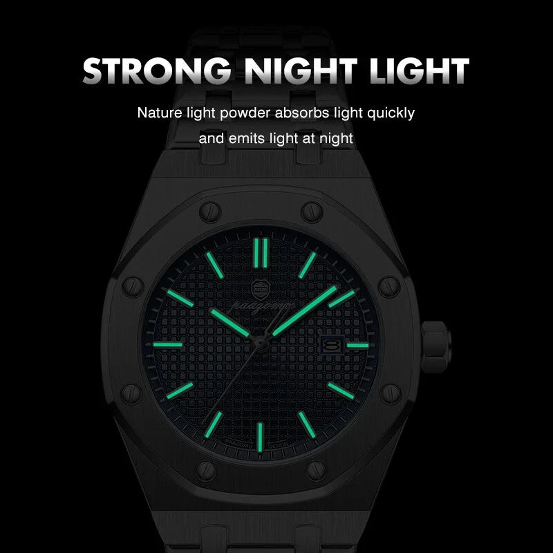 Black watch with glowing green face on a black background, emphasizing strong night light feature.