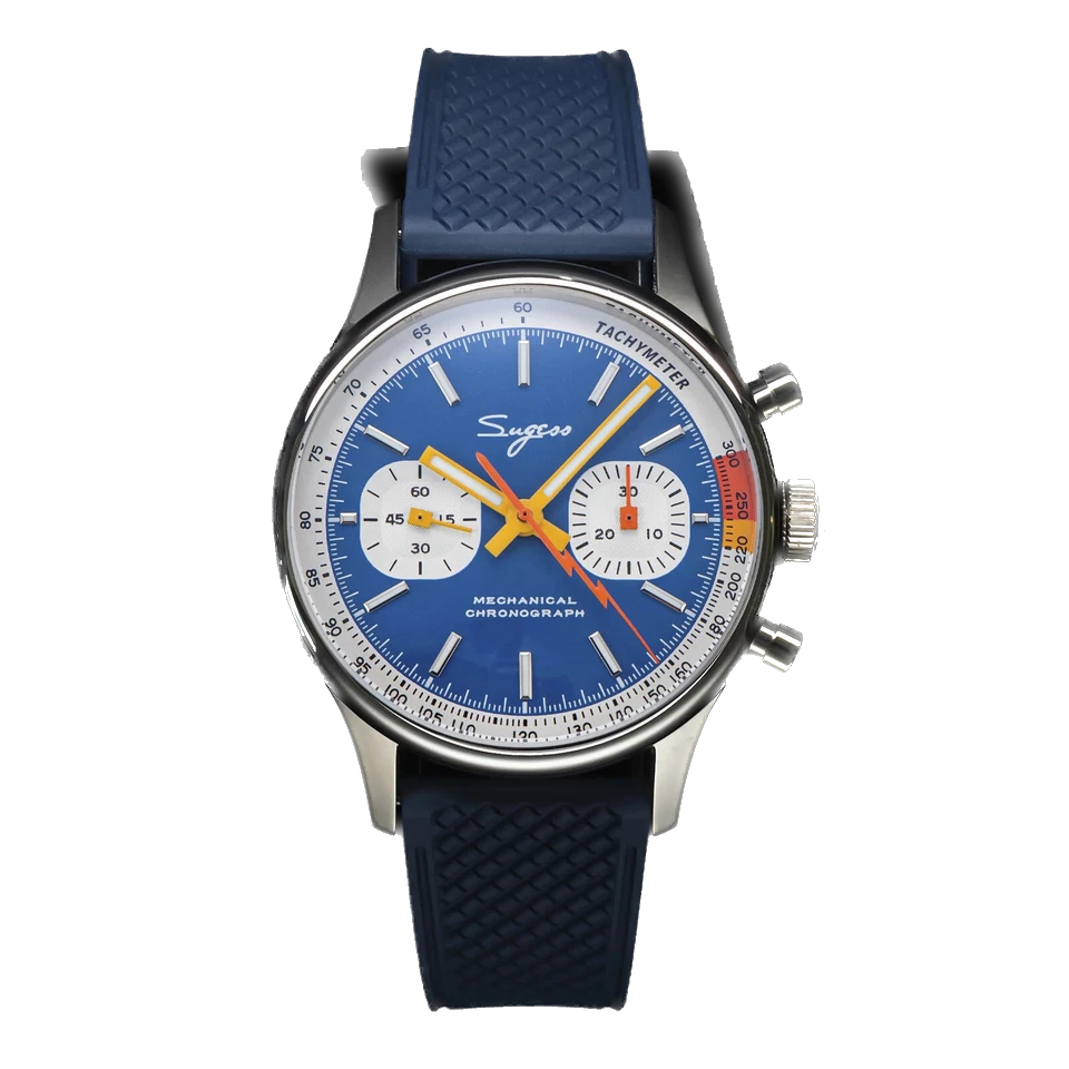 Wristwatch with blue strap and blue face on a white background
