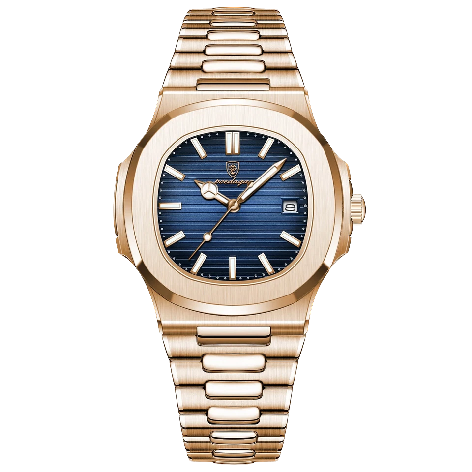 Gold watch with blue dial on a white background