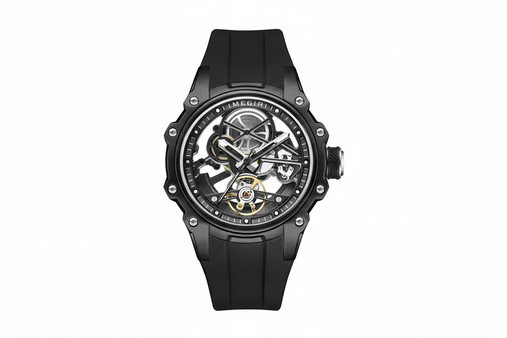 MEGIR Men's Skeleton Dial Automatic Mechanical Waterproof Watch Silicone Strap-PrimeTimepiece