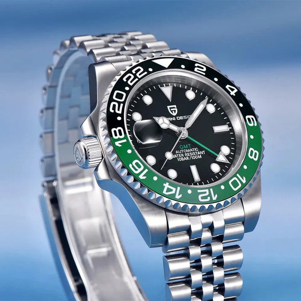 Wristwatch with silver band and green and black dial on a blue gradient background
