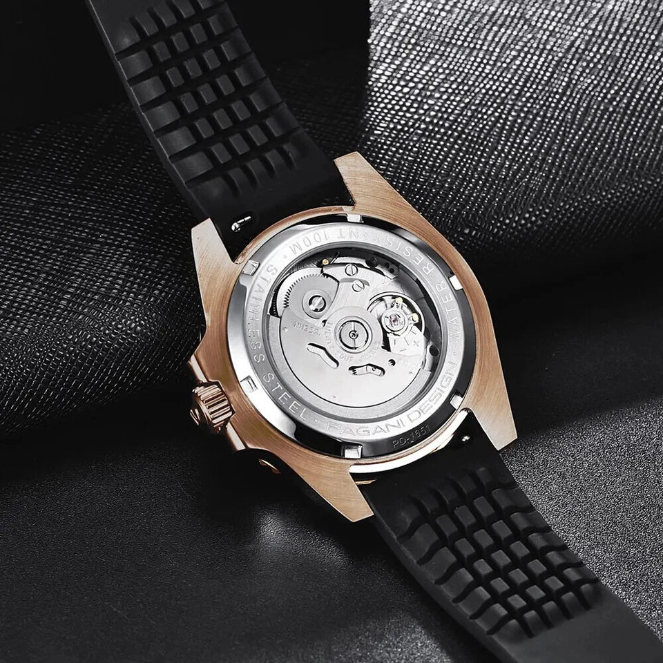 Close-up of a watch with a black strap and metallic case on a dark textured background
