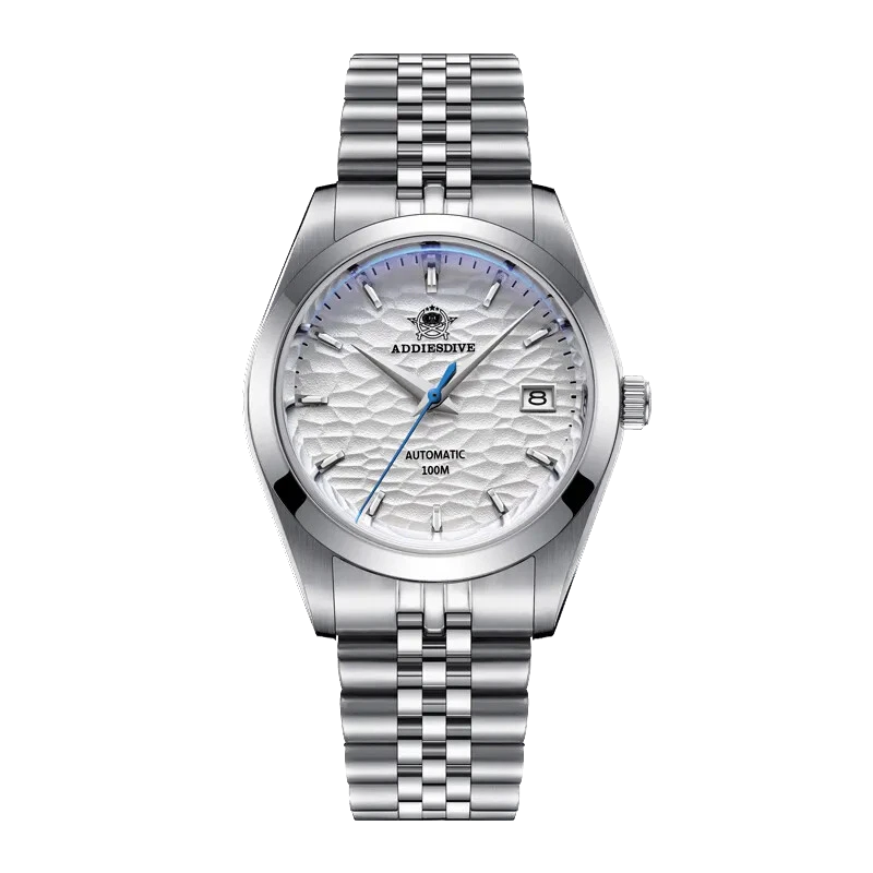 Silver wristwatch with a detailed face on a white background