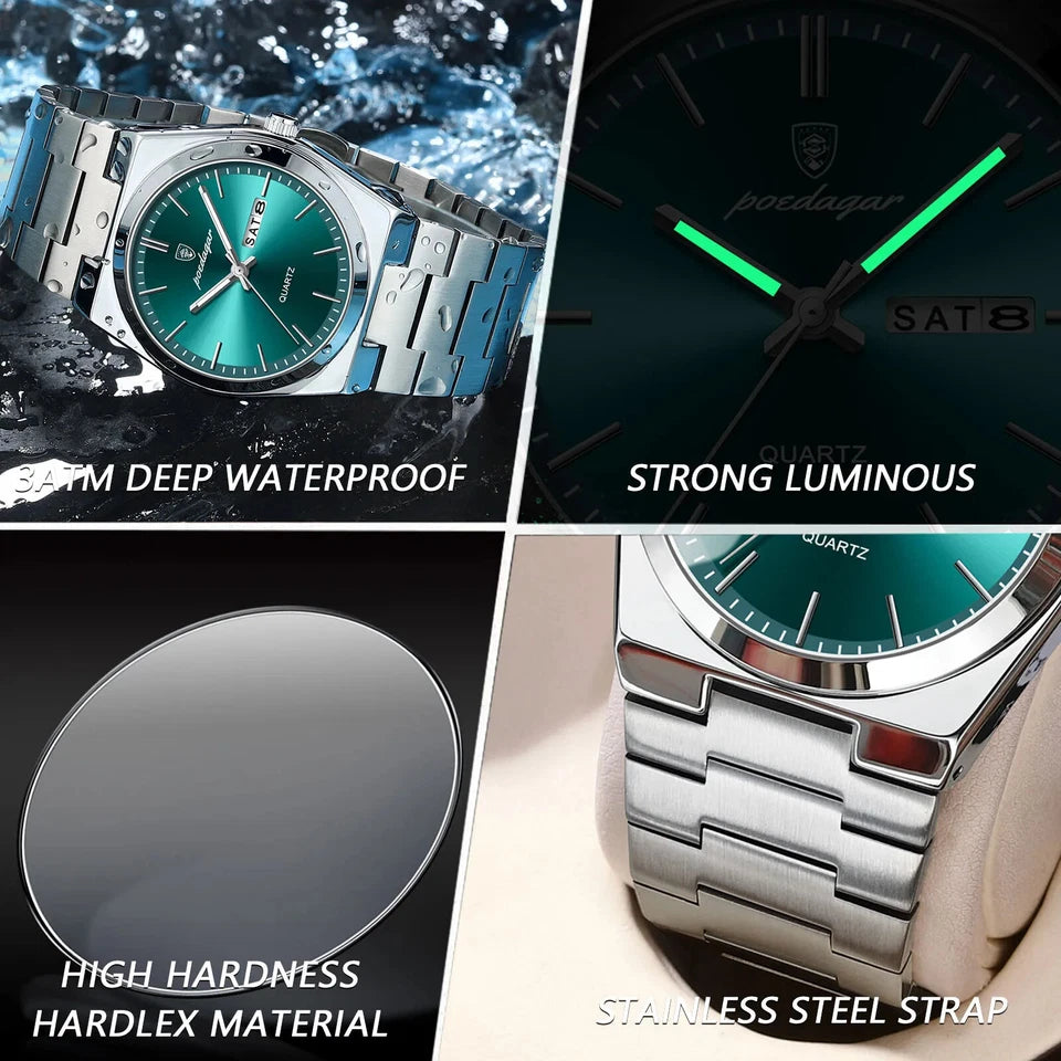Collage of a watch with features highlighted, including waterproof, luminous, hardlex material, and stainless steel strap.