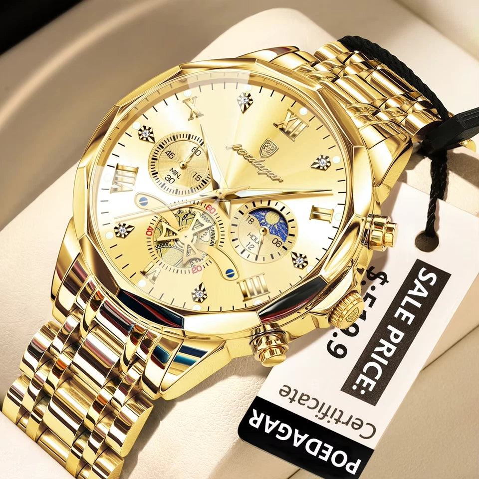 Gold wristwatch with detailed face on a beige surface, featuring a POEGAR brand tag.