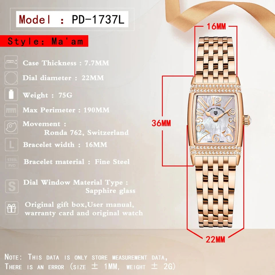 Rose gold watch with detailed specifications on a white background