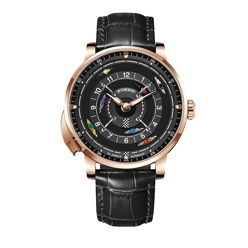 Luxury watch with black leather strap and detailed face on a white background