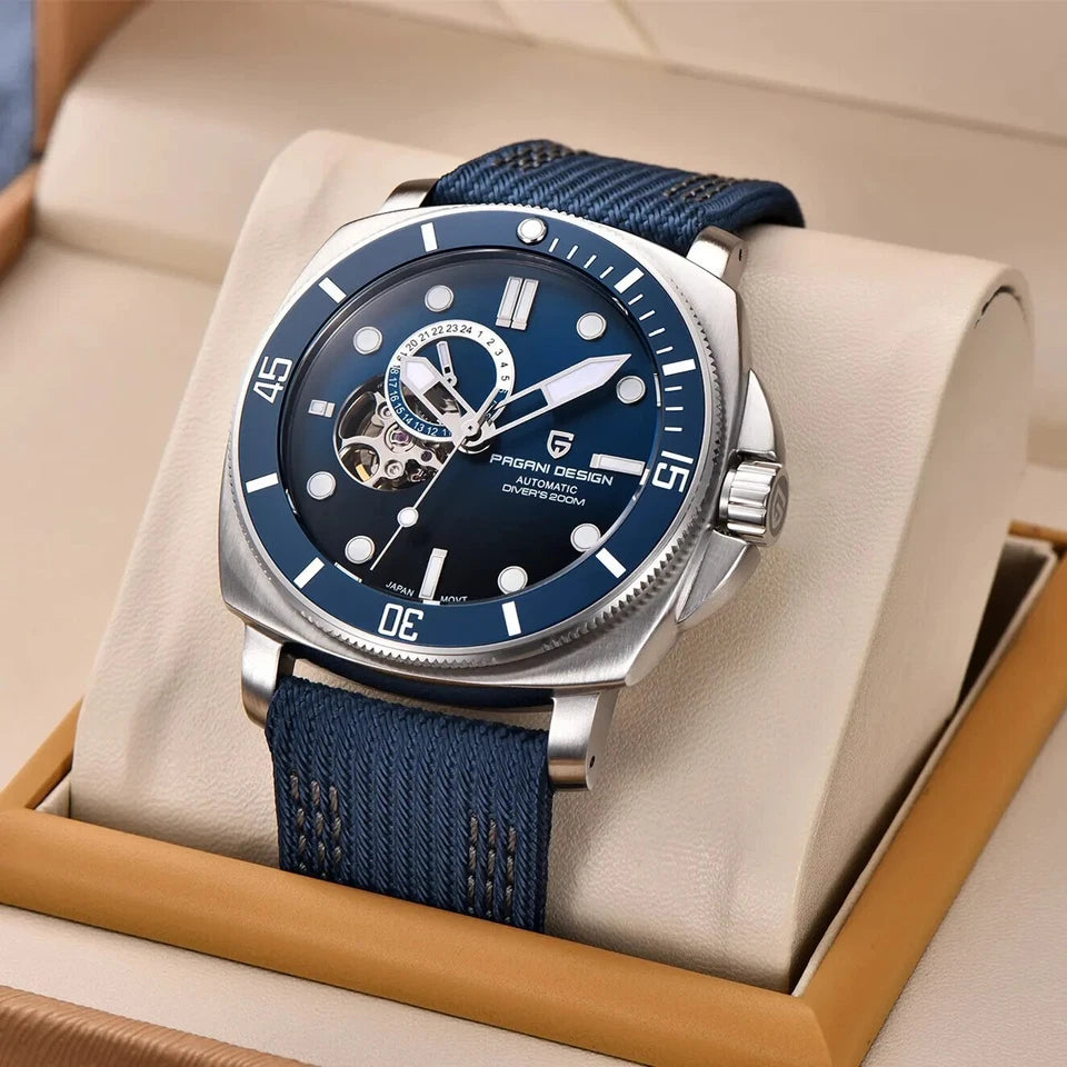 Blue wristwatch with a detailed face in a display box